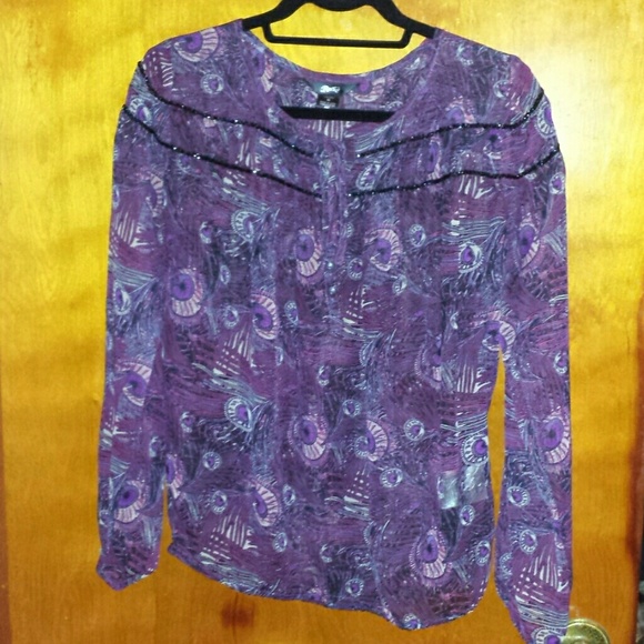 Rocky 47 purple peacock feather design sheer top