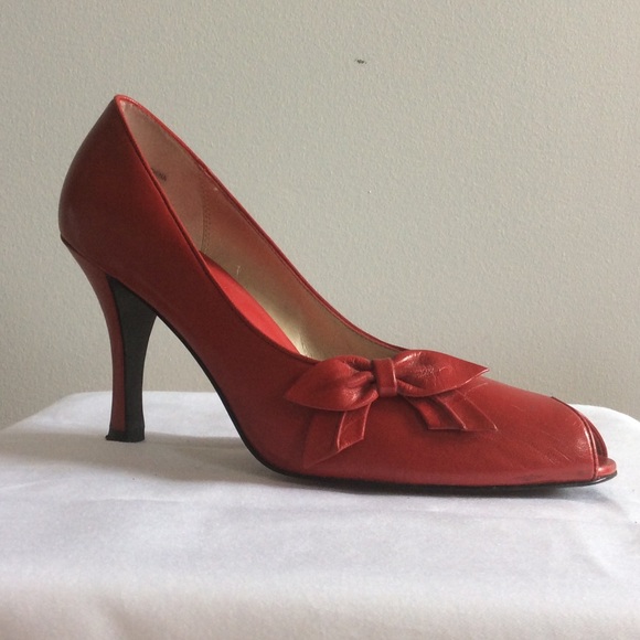 Red Leather Peep-Toe Pumps - Picture 1 of 4