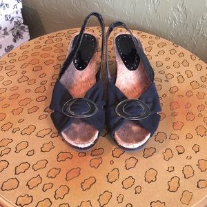 BCBG black and cork wedges