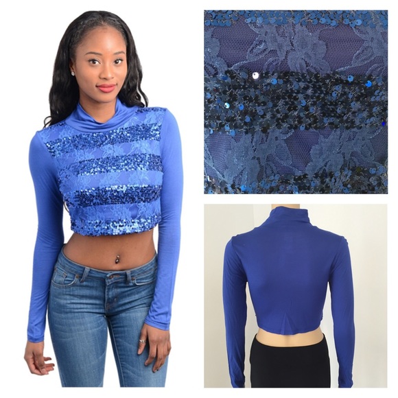Brand New Blue Sequin Long Sleeve Crop Top