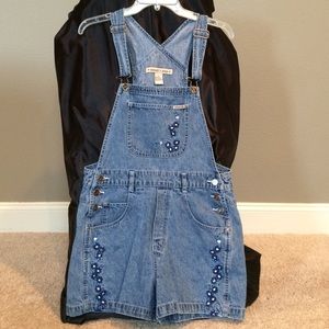 Jean Shortalls w/ Blue & White Embroidered Flowers