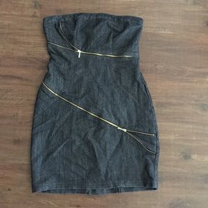 Strapless Denim Mini Dress with Zipper Details
