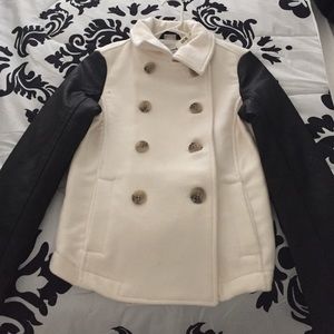 White Peacoat with Faux Leather sleeves
