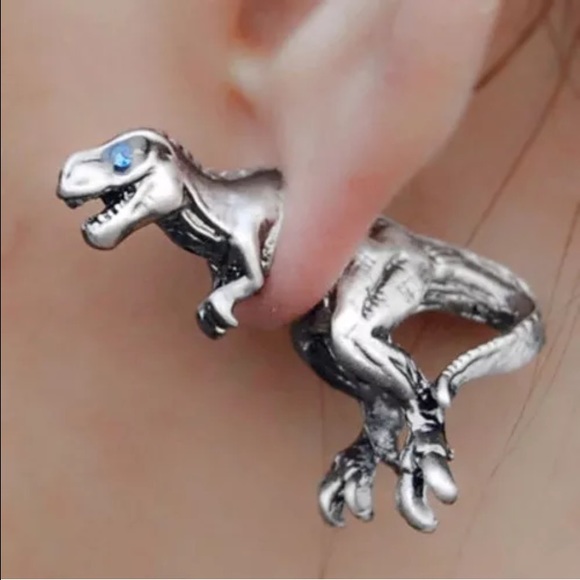 AWESOME SILVER & GEM EYE T-REX DINOSAUR EARRINGS!!