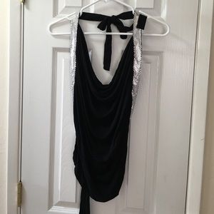 Backless Cowl Neck Halter Top w/ Silver Accents