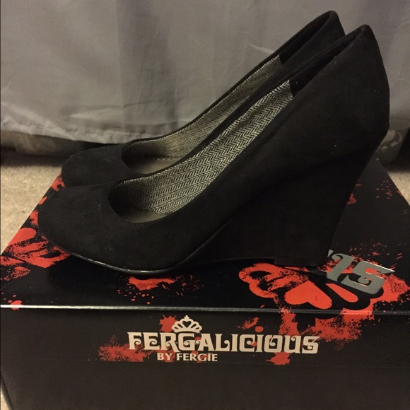 NWOT Fergalicious black wedge suede heels