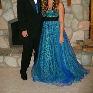 Jovani blue leopard prom dress