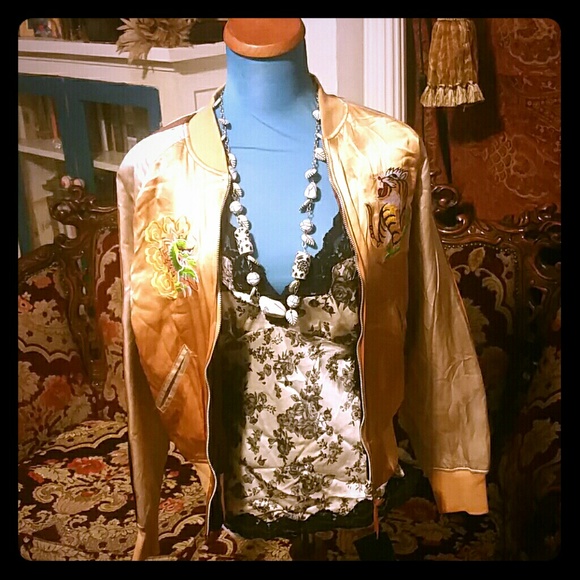 Gold Hawk Reversible 100% Silk Bomber Jacket