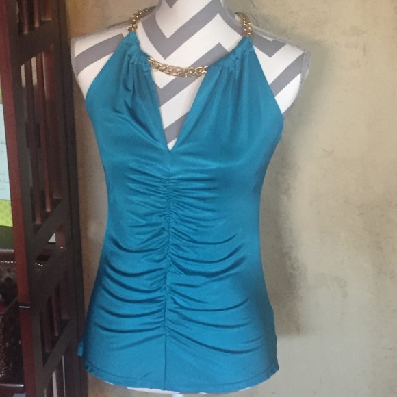 Cache Turquoise Dress up Shirt with gold accent.
