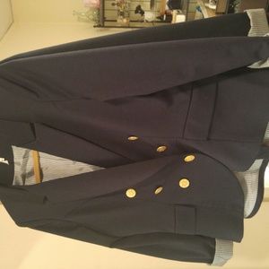 Navy double-breasted blazer with gold buttons
