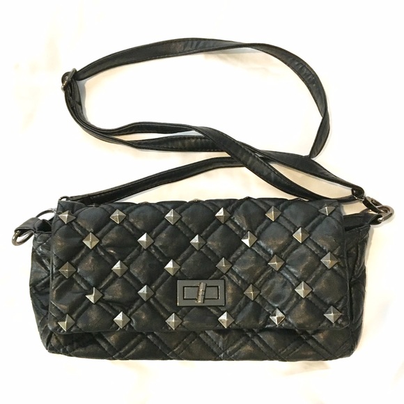 Black pleather studded quilted crossbody purse bag