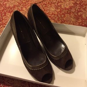 Brown open toe suede heels.