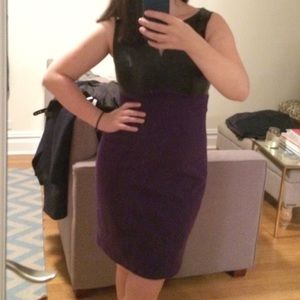 Fitted purple sheath dress with leather upper