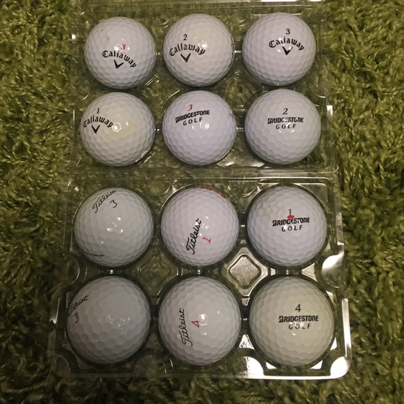 12 golf balls.  Titleist, Callaway, Bridgestone