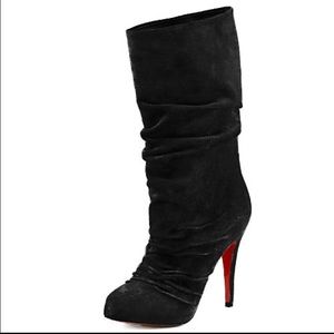 Piros Black Suede Mid-Calf High Heel Boots, Size 9