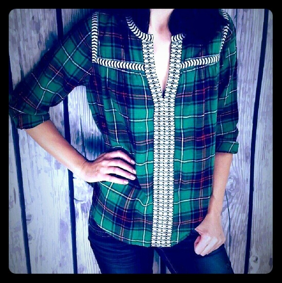 J Crew Plaid Embroidered Peasant Top