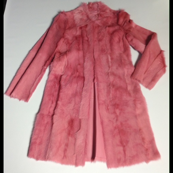 Pink reversible leather and rabbit long coat