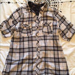 Maurice's black and white plaid shirt