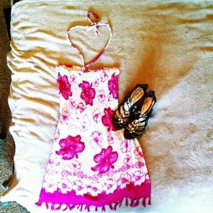 Halter Neon Pink & White Tassled Dress