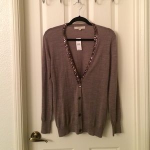 LOFT Taupe Sequined Cardigan