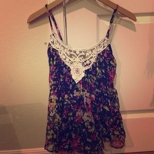 Black lace floral spaghetti strap tank top
