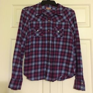 Purple and blue plaid, flannel shirt