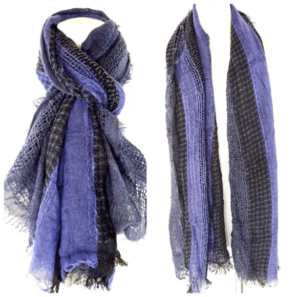 ‼️LAST ONE Soft Raw Edge Blue Black Scarf B199 - Picture 2 of 4