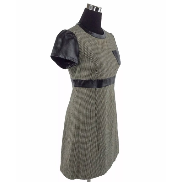 ♥️ Adolfo Dominguez Designer Houndstooth & Faux Leather A-Line Dress - Picture 2 of 5