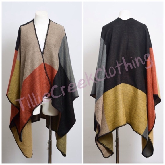 Mocha & Mustard Color Block Blanket Wrap/Poncho - Picture 2 of 3