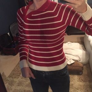 Red and cream split neck sweater