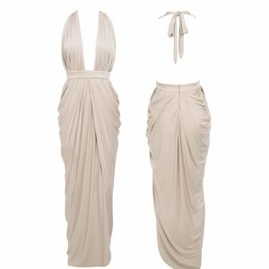 Champagne Silky Jersey Deep V Maxi Dress