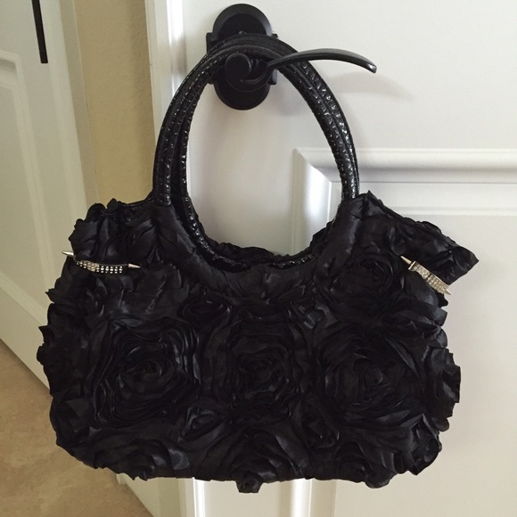Handbags - Black rosette and rhinestone bag