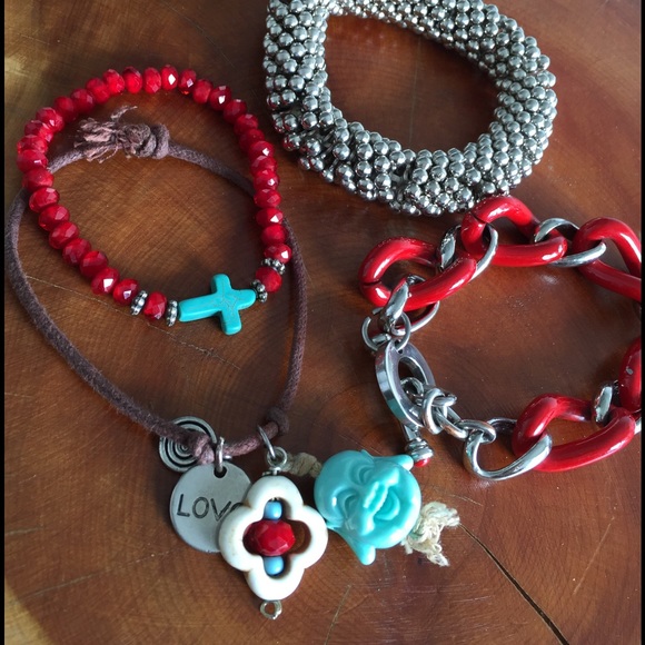 Set of 3 bracelets red and turquoise silver