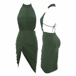 Khaki Backless Halter Draped Dress