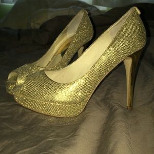 Gold platform peeptoe heels. Michael Kors with Box
