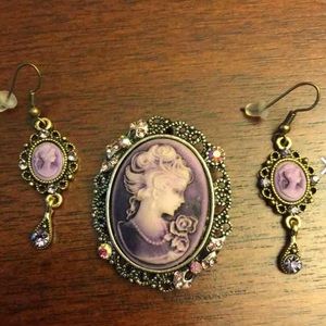 Lavender Cameo Brooch and Earrings