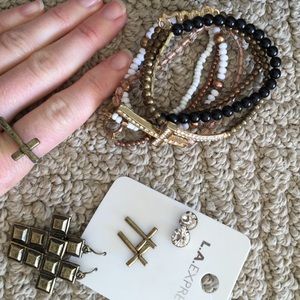 Bundle of 3 earrings/cross ring/stacking bracelets