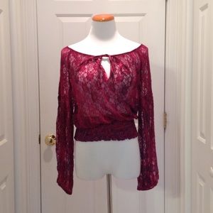 Arden B.  Fuchsia lace over the shoulder top