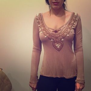 Beaded shell boho longsleeve knit top