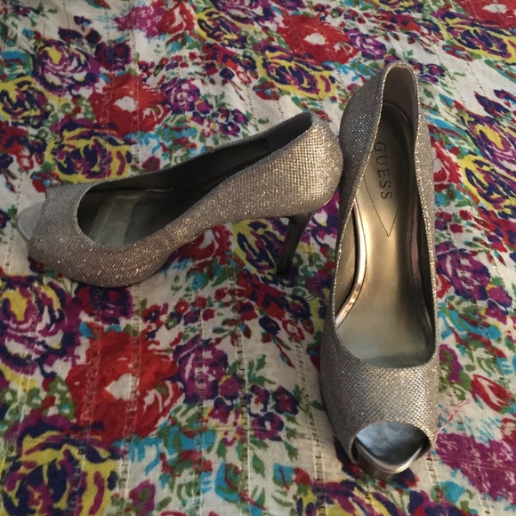 Guess Gold and Silver Glitter Peep Toe Pumps