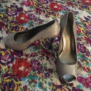 Guess Gold and Silver Glitter Peep Toe Pumps