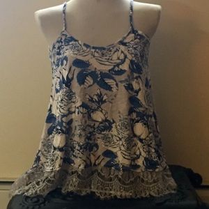 Blue and White Rose Lace Tank Top Size Large