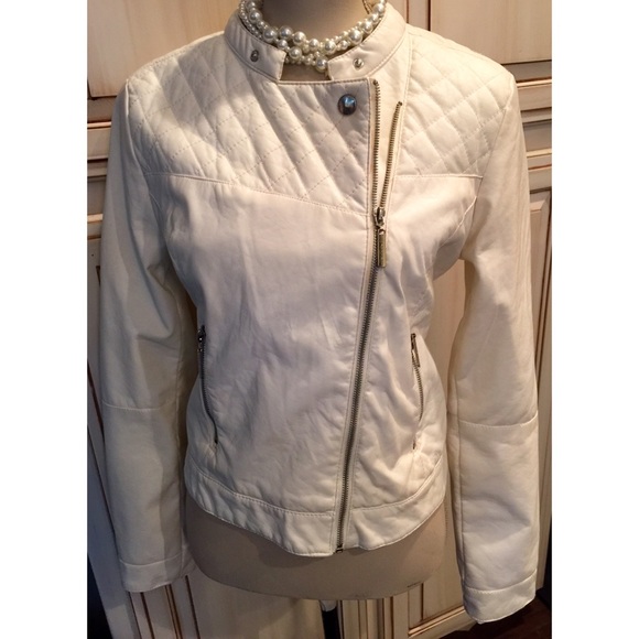Dollhouse Jackets & Blazers - Off White Faux Leather Moto Jacket