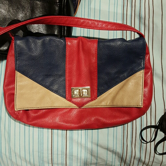 Red blue and tan crossbody bag