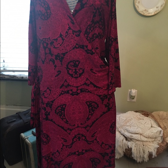Cranberry and black wrap dress