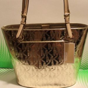 MICHAEL KORS GOLD JET SET SIGNATURE MIRROR HANDBAG