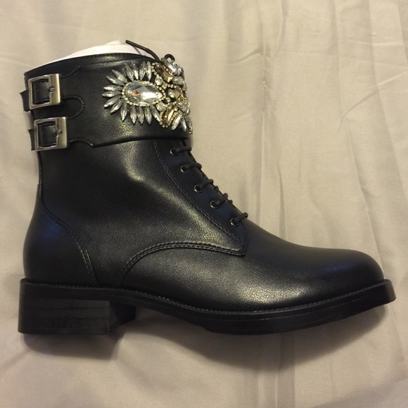 Leather Crystal Rhinestone Combat Boots ALL SIZES