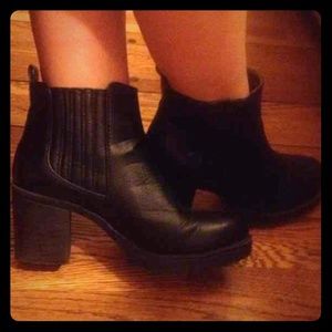 Black Faux Leather Chunk Heel Booties