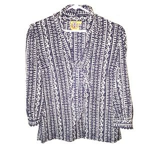 Tory Burch navy and white patterned blouse