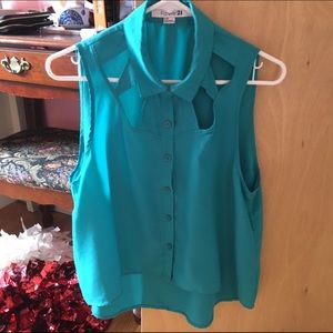 Aqua button up blouse with opening on chest